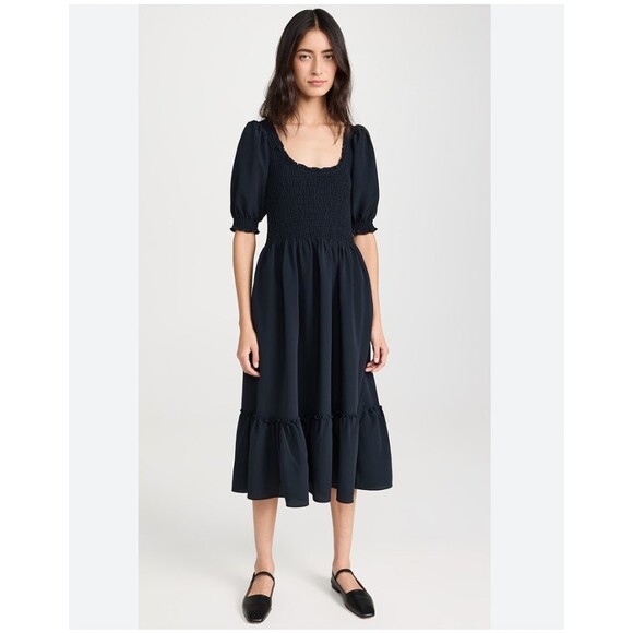 Hill House Home Dresses & Skirts - Hill House The Louisa Nap Dress Womens XS Black Smocked Puff Sleeve Midi Ruffle